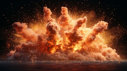 An explosion against a black background with hot sparks and smoke - obrazy, fototapety, plakaty