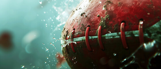 Close up of Rugby ball with grunge dirty texture Professional sport banner. Generative ai