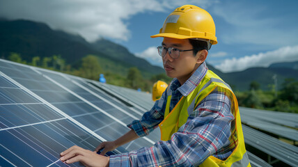 Fototapeta na wymiar Technicians installing solar panels.