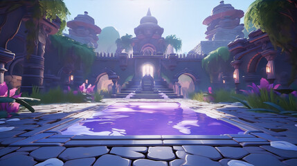 Mystical temple ruins overgrown with plants and a purple pool in the center.