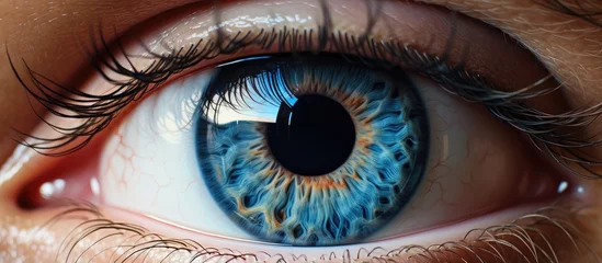 Tuinposter Closeup of a womans azure eye with long violet eyelashes, showcasing the intricate details of her iris and electric blue material property © 2rogan