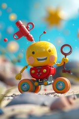 Fototapeta premium An animated 3D scene of a charming wind-up toy, with a key that turns with excitement and wheels that cheerfully roll