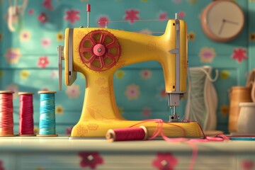 An animated 3D scene of a cute antique sewing machine, with spools of thread in bright, cheerful colors