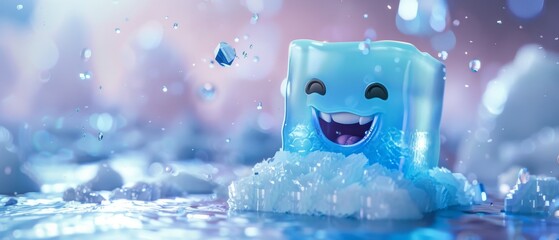 An animated 3D scene of a cute icebox, with a chilly smile and frost that sparkles like diamonds