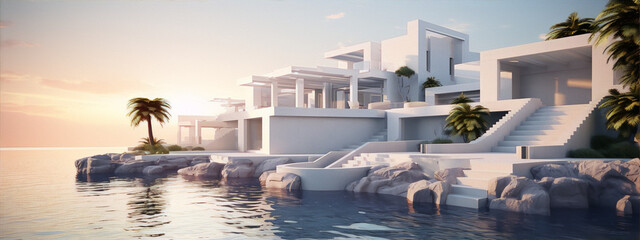 3D rendering of a modern beach house with pool and palm trees in a minimalist style with white and blue colors - obrazy, fototapety, plakaty