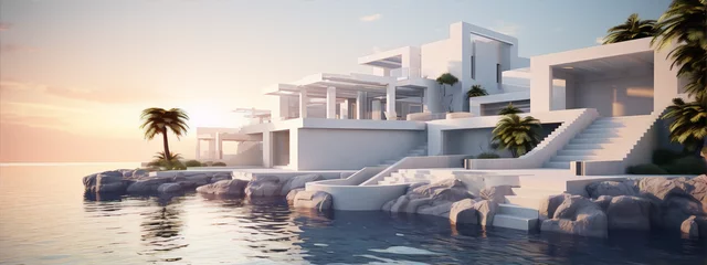Fotobehang 3D rendering of a modern beach house with pool and palm trees in a minimalist style with white and blue colors © AalamAmil