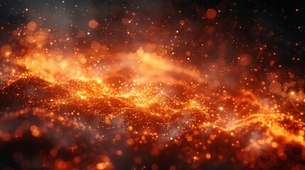 Fototapeta na wymiar An abstract background featuring fire, light, and life fly across a dark black background. Fiery orange glowing particles fly away from the large fire.