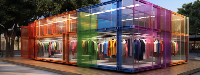 Showcase of colorful clothing in a transparent container boutique with a modern and vibrant atmosphere.