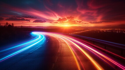 Long exposure modern image with motion blur effect and colorful light trails.