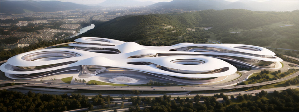 Futuristic city with organic architecture, aerial view