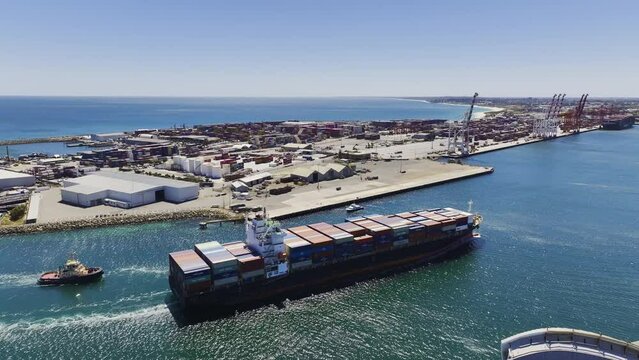 Aerial View of Freighter Entering Port of Fremantle, Perth Western Australia