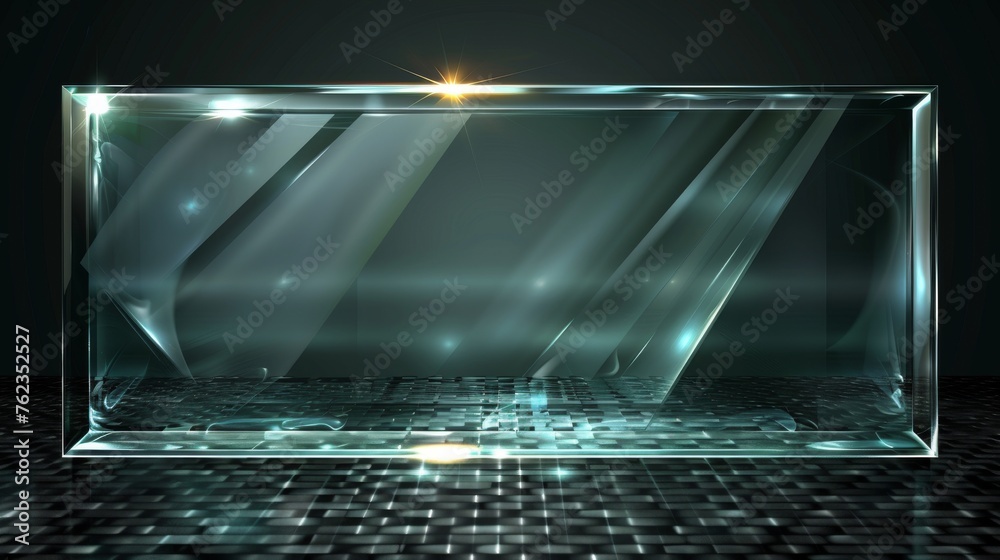 Poster set of transparent glass plates with glares and lights. realistic transparent glass window in a rect
