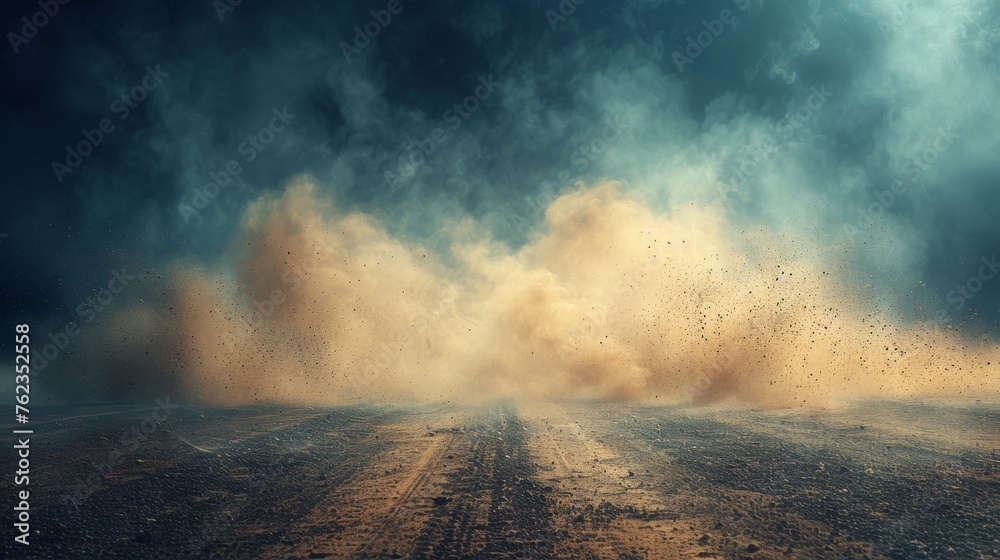 Poster scattering dust trail on track from fast movement of a car on a dusty road. high quality transparent