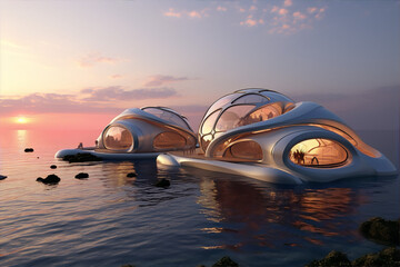 Futuristic floating house with glass domes on the water at sunset. - obrazy, fototapety, plakaty