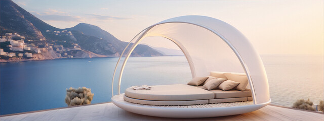 Futuristic luxury furniture on a terrace with a scenic view of the sea - obrazy, fototapety, plakaty