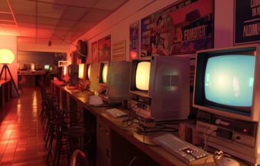 An immersive 3D depiction of a 1990s internet cafe, with bulky CRT monitors and early web design posters