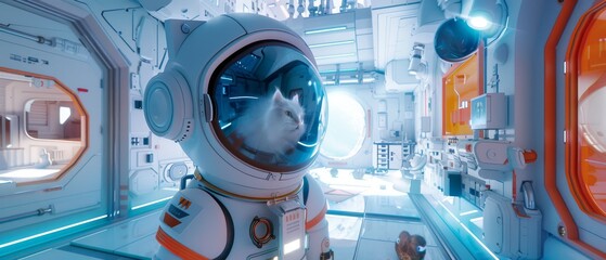 An immersive 3D depiction of a fishbowl helmet worn by a cat astronaut, floating through a living room space station