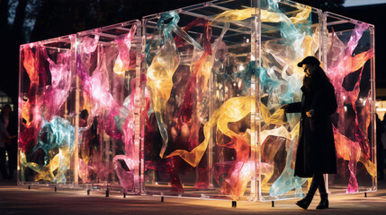 Colorful light installation with a woman walking by at night