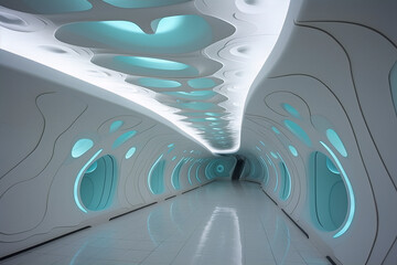 Futuristic tunnel interior with white walls and blue glowing lights
