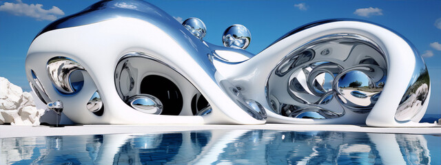 3D rendering of a futuristic house with a swimming pool in an alien landscape