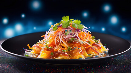 Close-up of a plate of colorful noodles with chopsticks on a black table.