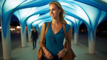Portrait of a young woman standing in a blue light tunnel at night