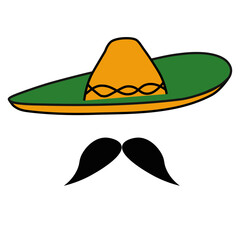 A sombrero hat with black mustache, Cinco de Mayo design elements