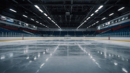 Silent hockey rink, ice pristine and untouched, surrounded by rows of empty seats, their emptiness echoing in the stillness.