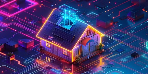 An isometric 3D depiction of a small, neon-infused futuristic home with smart tech and holographic windows