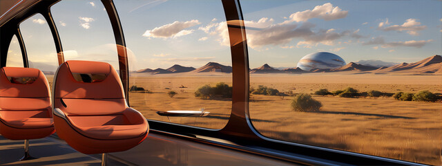 Futuristic train interior concept art with a desert landscape outside the window - obrazy, fototapety, plakaty