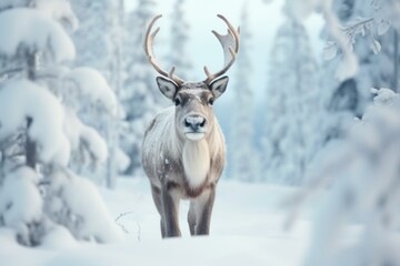 Enchanting Reindeer winter forest snow. Deer head. Generate Ai