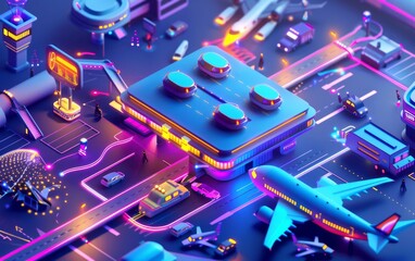 An isometric 3D scene of a futuristic neon airport, with cute, flying taxis and holographic flight info - obrazy, fototapety, plakaty