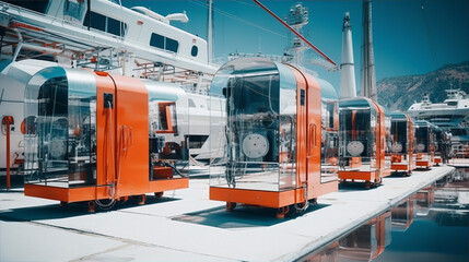 futuristic orange glass autonomous vehicles in a shipyard - obrazy, fototapety, plakaty