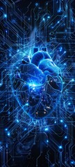 Naklejka na ściany i meble Cybernetic core with pulsating blue circuits, the heart of AI technology
