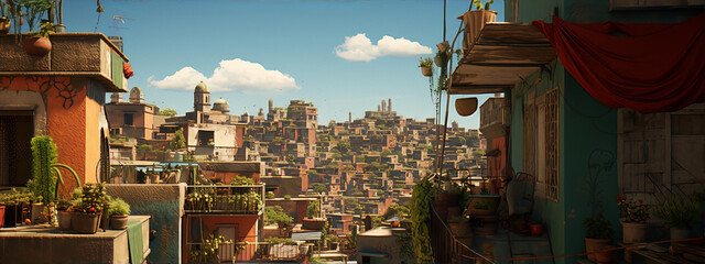 A densely populated city with a middle eastern or north african theme featuring a lot of vegetation and buildings with different colors and styles.