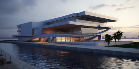 3d rendering of a modern art museum building with geometric shapes and reflective glass surfaces near a body of water at sunset.