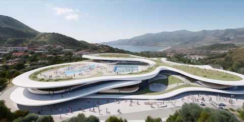 Futuristic architecture of a wavy building with pools and green terraces