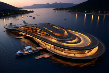 Futuristic organic architecture concept for a floating luxury hotel with a yacht docked at sunset.