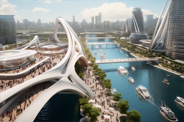 Futuristic city with a river, bridge and many people in a sunny day