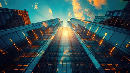 Modern skyscrapers in business district at sunset. 3D rendering - obrazy, fototapety, plakaty