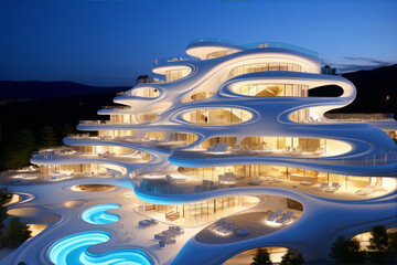 Futuristic luxury villa with pools and terraces 3d illustration