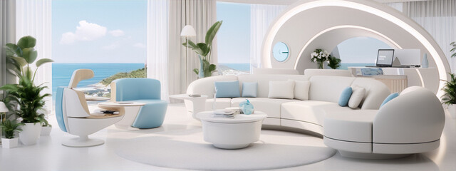Futuristic living room interior with large windows and ocean view in white and blue colors