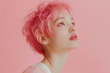 young woman with beautiful pink short hair on pastel pink background, hair salon ad