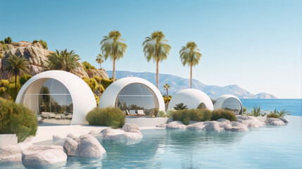 Futuristic luxury resort with private pools and stunning ocean views.
