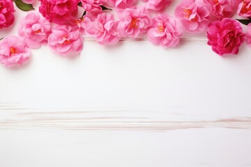 Fresh pink camellia flowers creating a beautiful natural border on a white wooden background, ideal for springtime.