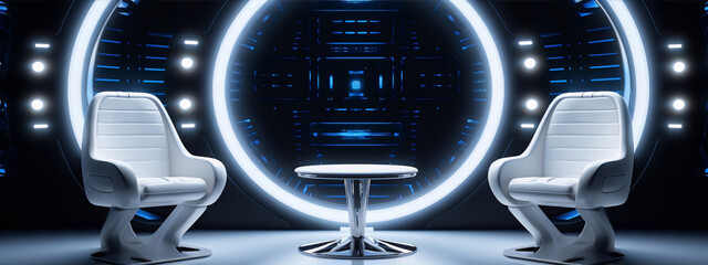 Futuristic spaceship interior with two chairs and a table in the center.
