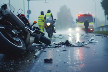 Crash on the road. Close up of a motorcycle accident on the road	 - obrazy, fototapety, plakaty