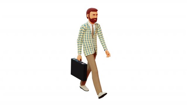 Man wearing a plaid jacket and brown pants strolls confidently with a briefcase in hand. 3d looped animation with alpha channel