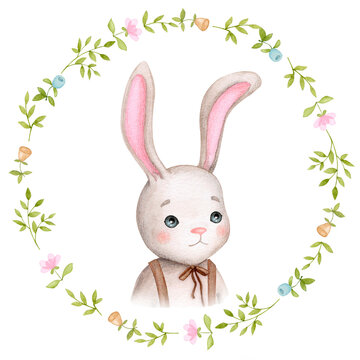 Baby bunnies in a flower frame. Boy. Birthday, gender party, baby shower, children's party. Children's illustration in pastel colors. Postcard, poster, banner, invitation, greeting card..