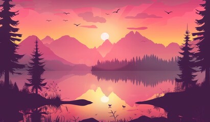 Fototapeta premium Tranquil Dusk: Serene Lake and Mountains in Sunset Splendor - Generative AI